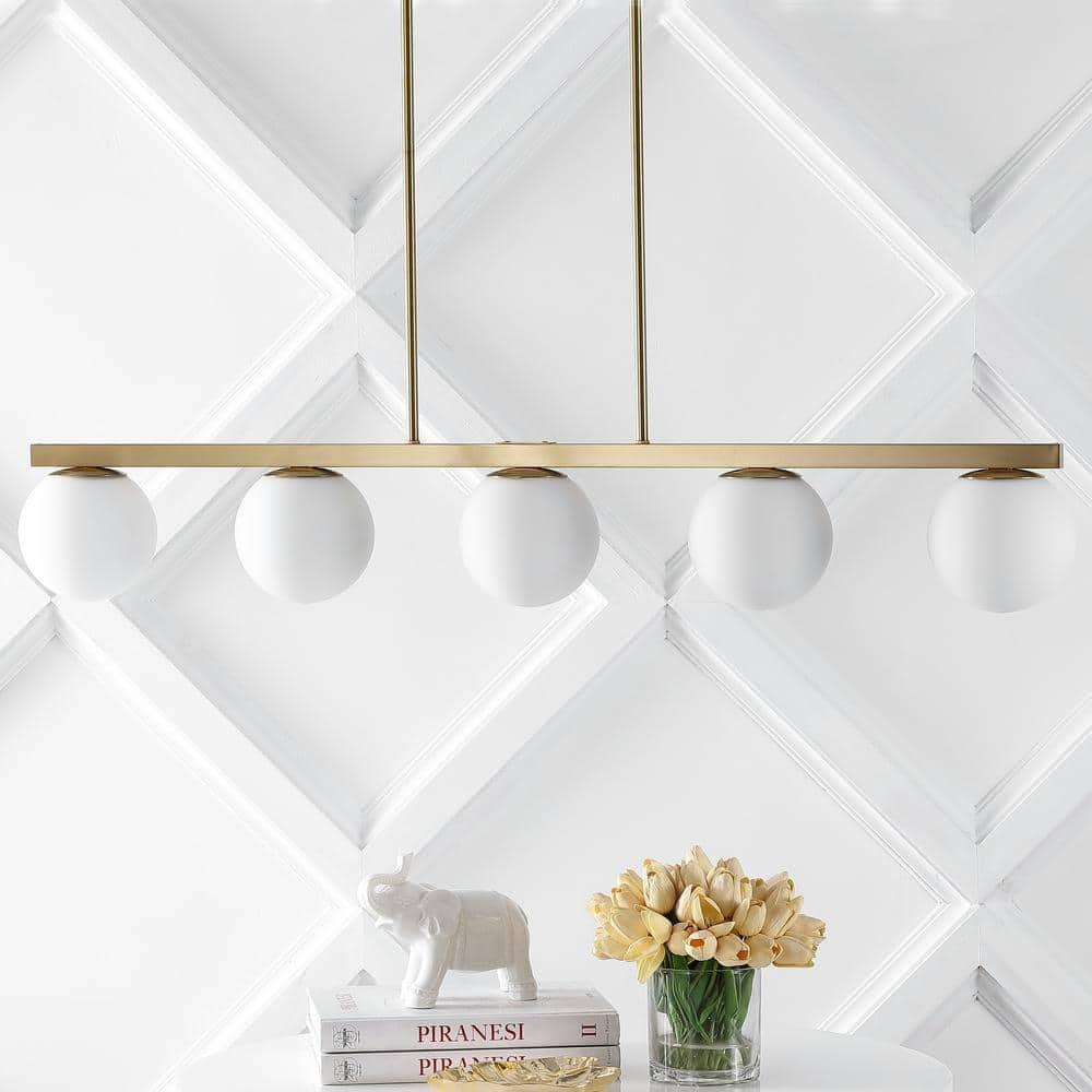 JONATHAN Y Luca Parisian 45.5" 5-Light Modern Glam Iron Globe Linear LED Pendant, Brass Gold/White