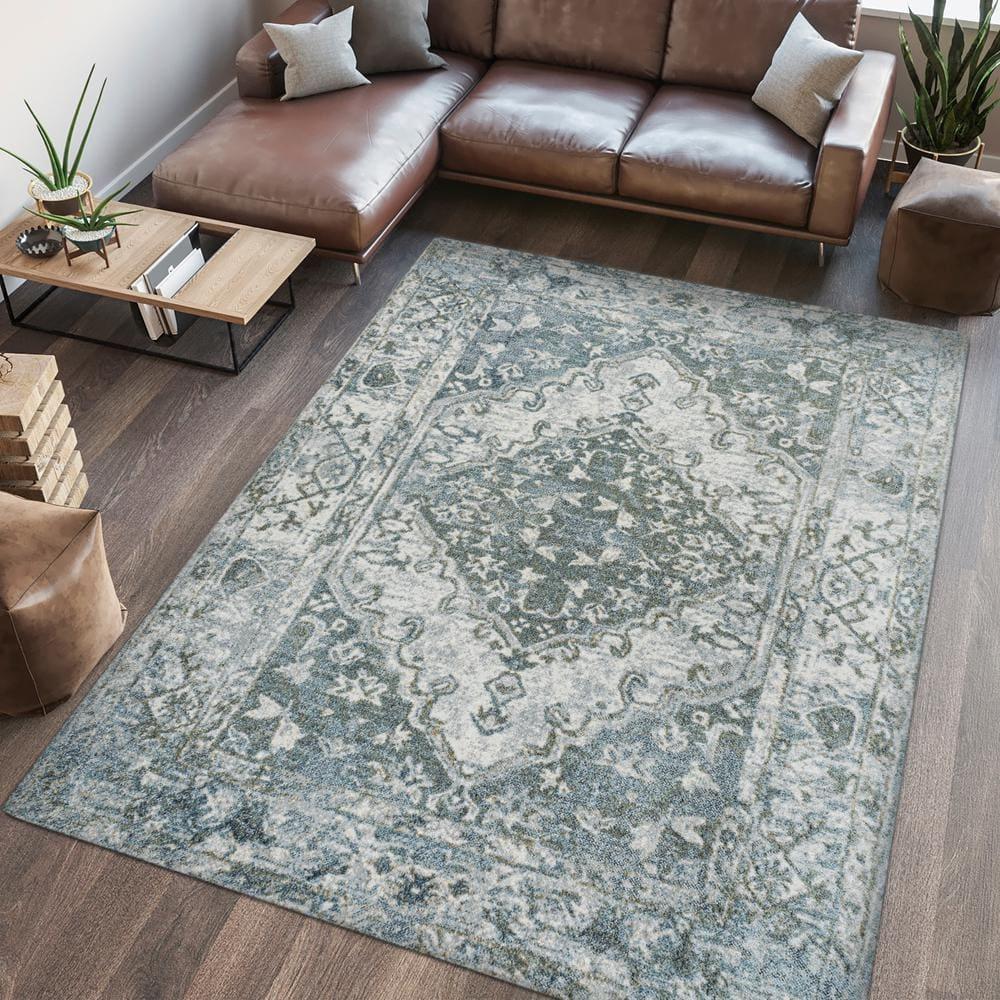 JONATHAN Y Pavel Distressed Medallion Low-Pile Machine-Washable Light Gray/Blue 5 ft. x 8 ft. Area Rug