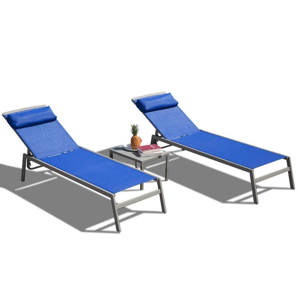 Domi Patio 3 Pieces Aluminum Textilene Chaise Lounge Set with Side Table Outdoor, Adjustable Back and Pillow for Yard Garden Sunbathing for All Seasons Blue