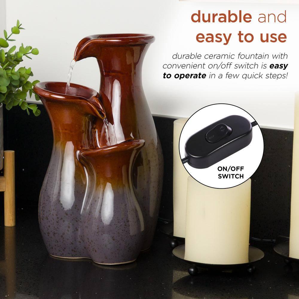 Alpine Corporation 11"H Indoor Tiered Glossy Ceramic Vase Tabletop Fountain, Brown/Gray