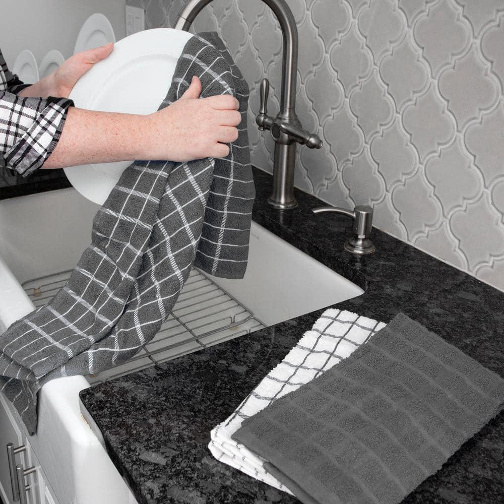 John Ritzenthaler Co. Ritz 3-Pack Terry Check Kitchen Towel Set and 6-Pack Terry Check Dish Cloth Set, Grey