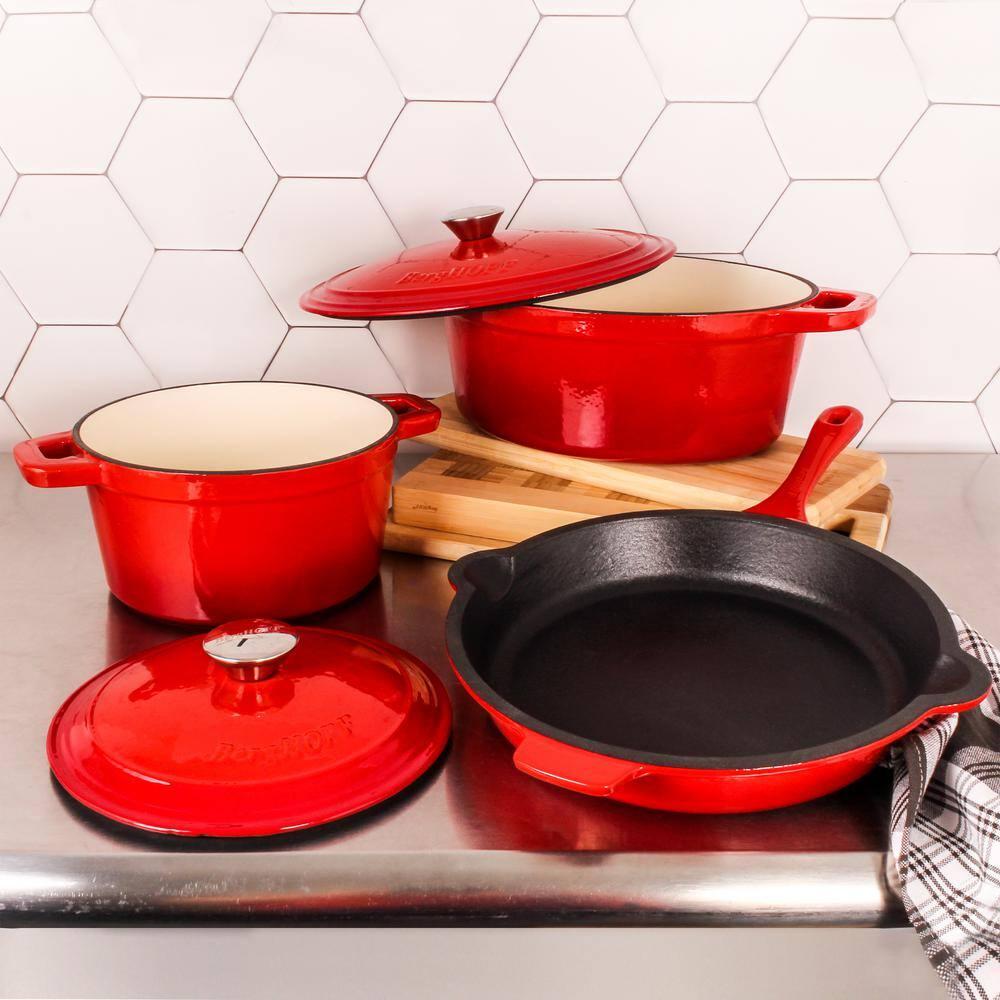 BergHOFF Neo 5Pc Cast Iron Set, 3Qt Covered Dutch Oven, 5Qt Covered Stock Pot, & 10" Fry Pan, Red