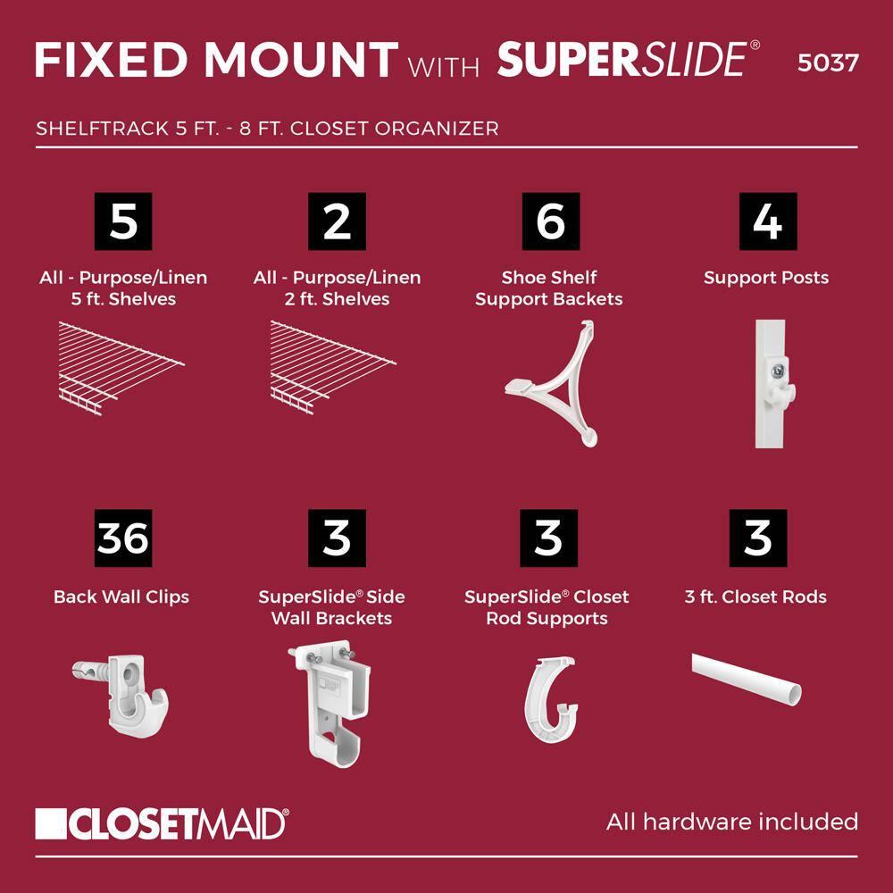ClosetMaid 5037 5ft. to 8ft. Fixed Mount Closet Organizer Kit, White
