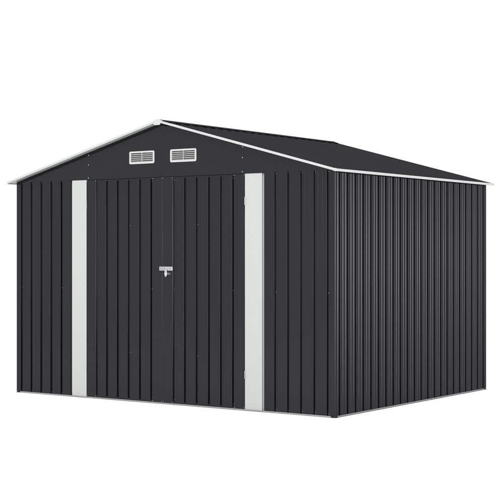 HOGYME 8' x 10' Large Outdoor Metal Storage Shed, Galvanized Steel Garden Tool Shed with Sliding Double Lockable Doors, 4 Vents for Backyard Patio Lawn, Carbon Black