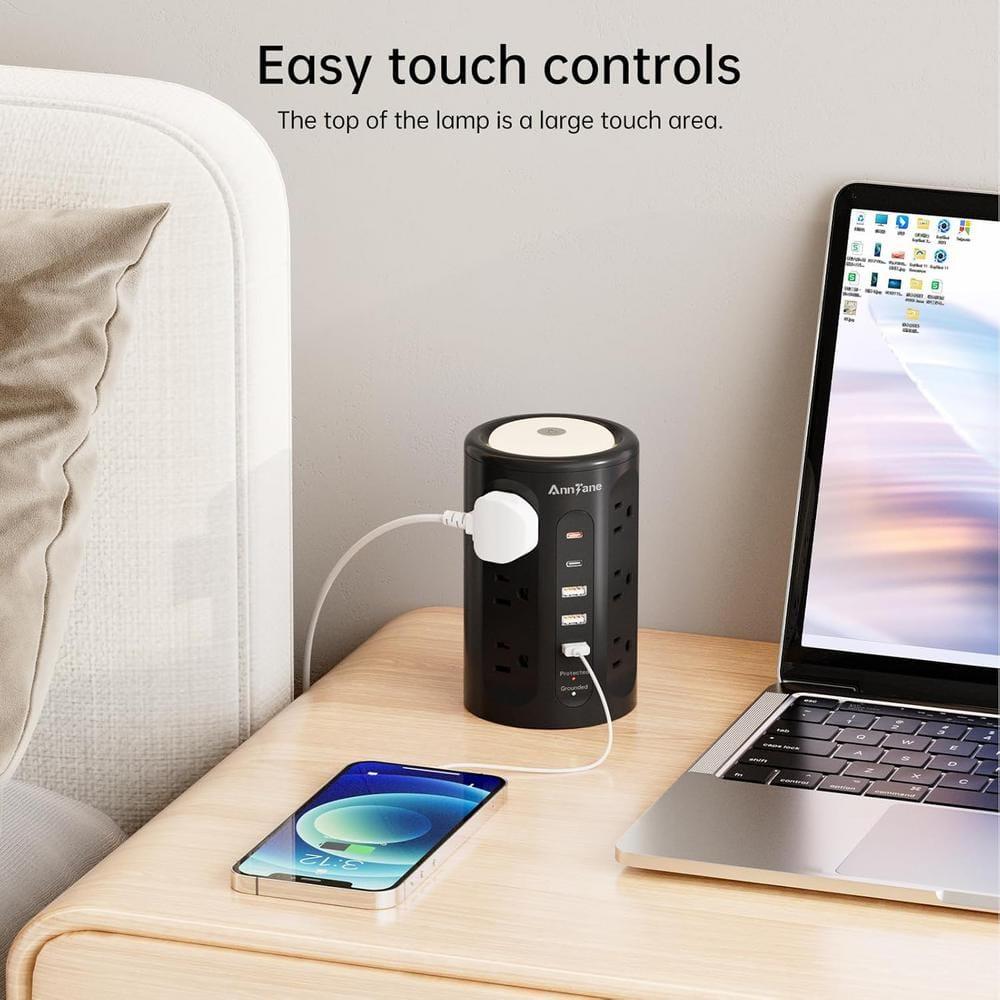 Power Strip Tower with Night Light, Power Strip Surge Protector with USB Ports, Extension Cord 10 FT with Multiple Outlets (12AC+3A+2C) for Home Office Desk DormRoom (Black)