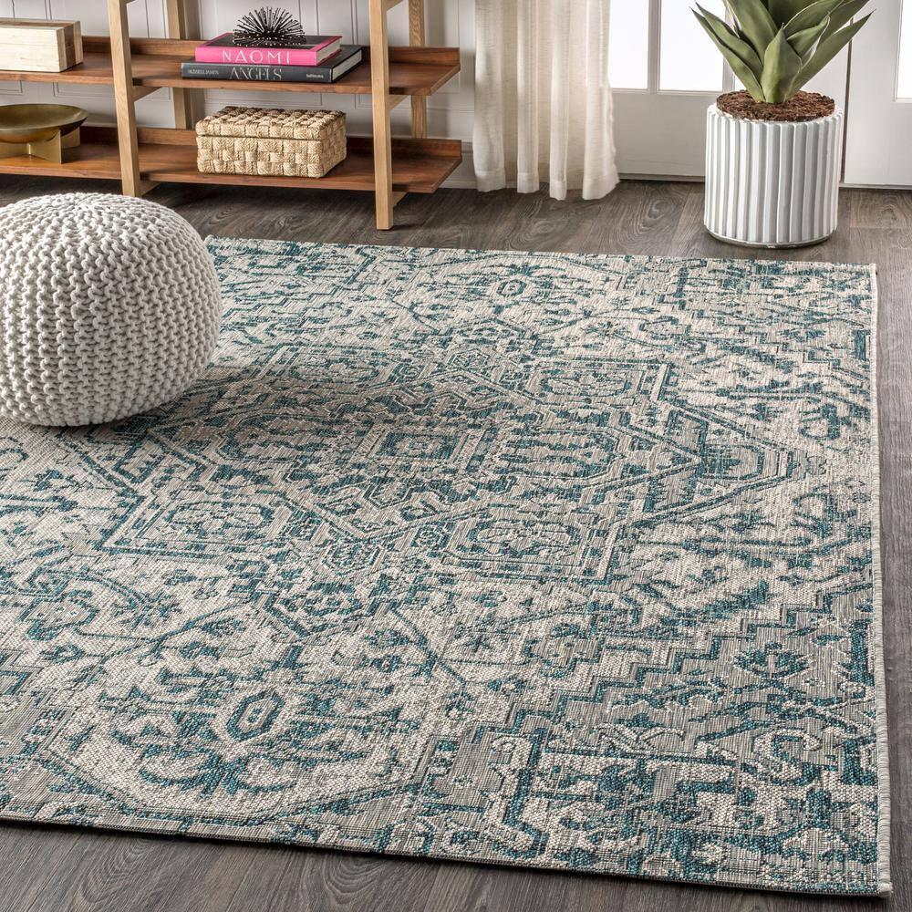 8'x10' Estrella Bohemian Medallion Textured Weave Indoor/Outdoor Area Rug, Teal/Gray - JONATHAN Y
