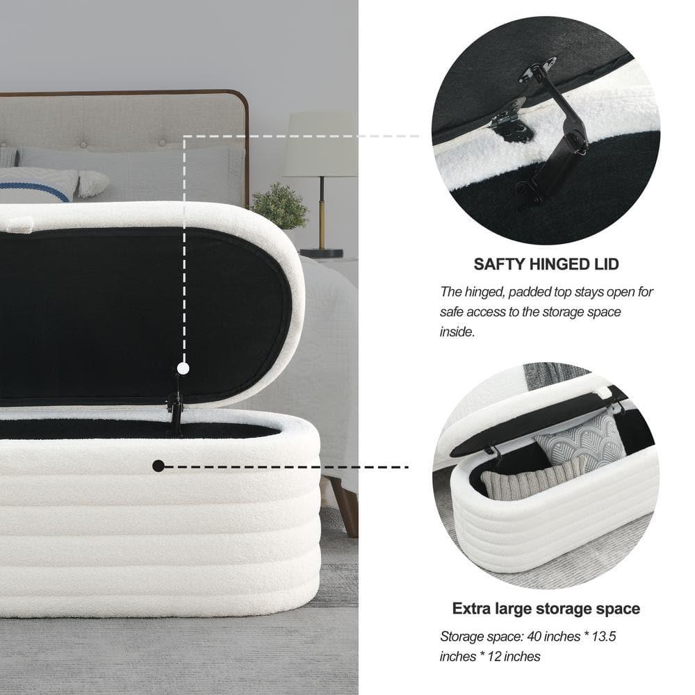 Modern Oval Storage Ottoman Bench, Upholstered Boucle Teddy Fabric End Of Bed Bench With Storage, End Of Bed Stool With Safety Hinge For Bedroom, Living Room, Entryway