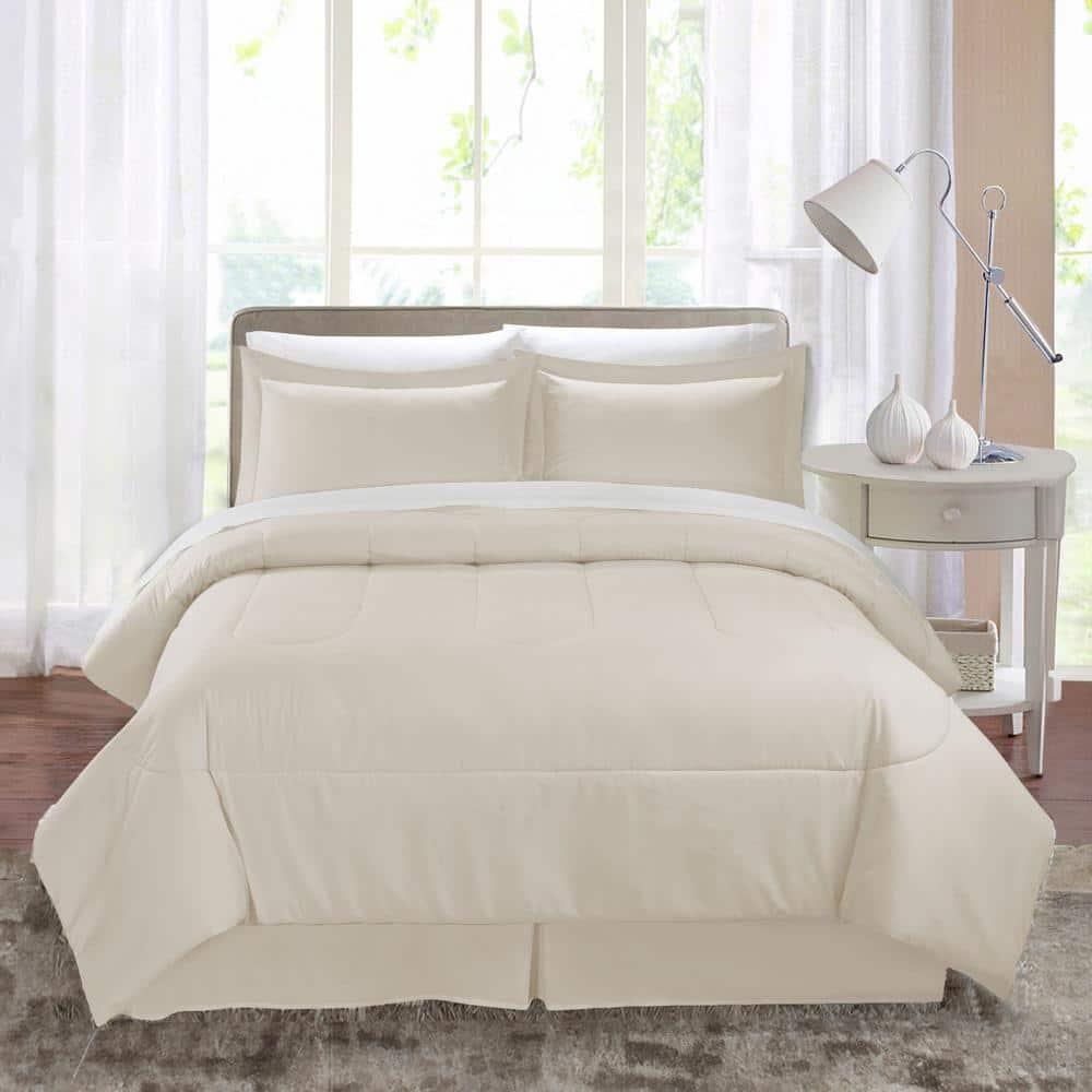 Cathay Home Basic Bedding Home Essential Ultra Soft Lightweight 8PC Wrinkle Resistant Microfiber Bed in a Bag Set (Includes Complete Sheet Set, Comforter Set & Bedskirt) - Twin, Coconut Milk