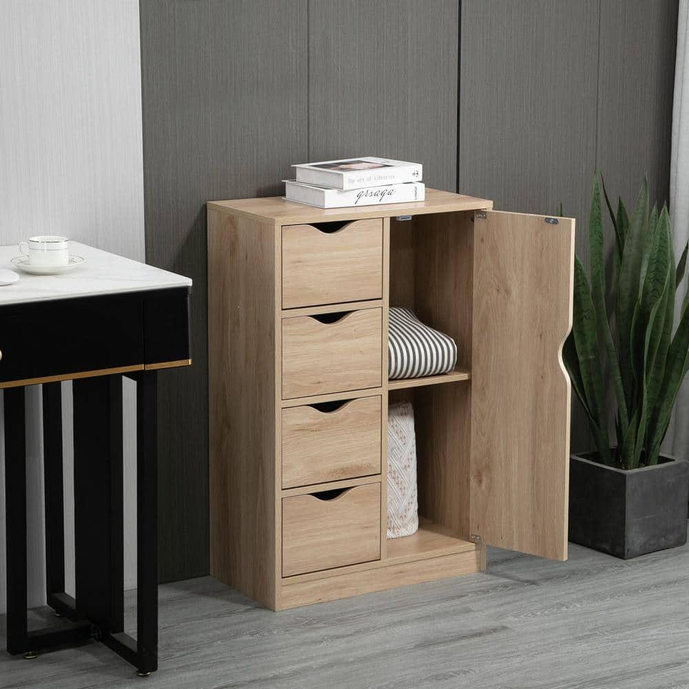 HOMCOM Freestanding Storage Cabinet, Bathroom Floor Cabinet with 4 Drawers and Door, Oak