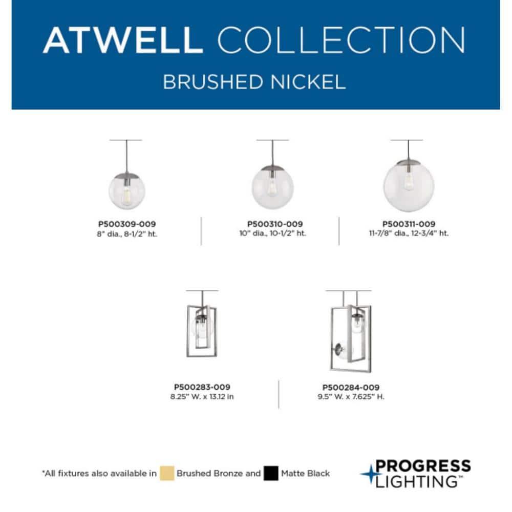 Progress Lighting Atwell 1-Light Glass Globe Pendant, Brushed Nickel, Clear Glass Shade