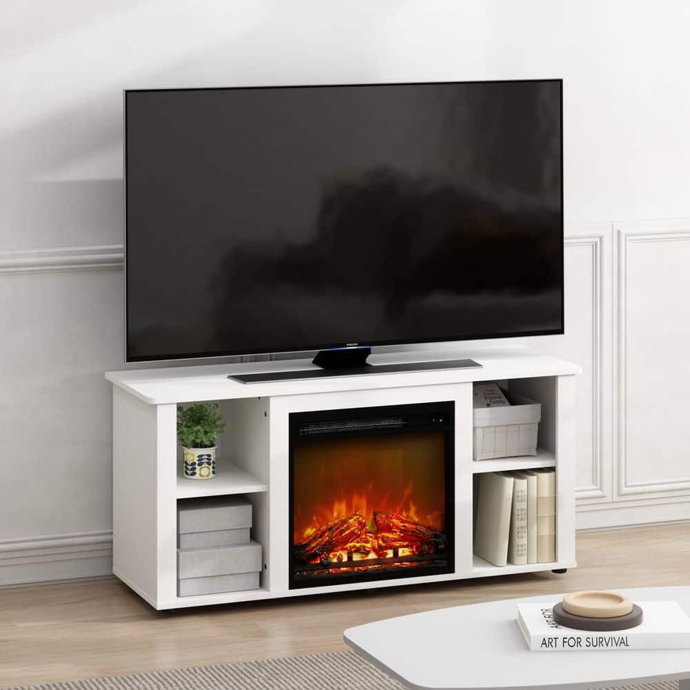 Furinno Fireplace TV Stand Entertainment Center TV Console Cabinet w/Open Storage Shelf for TV up to 55",White
