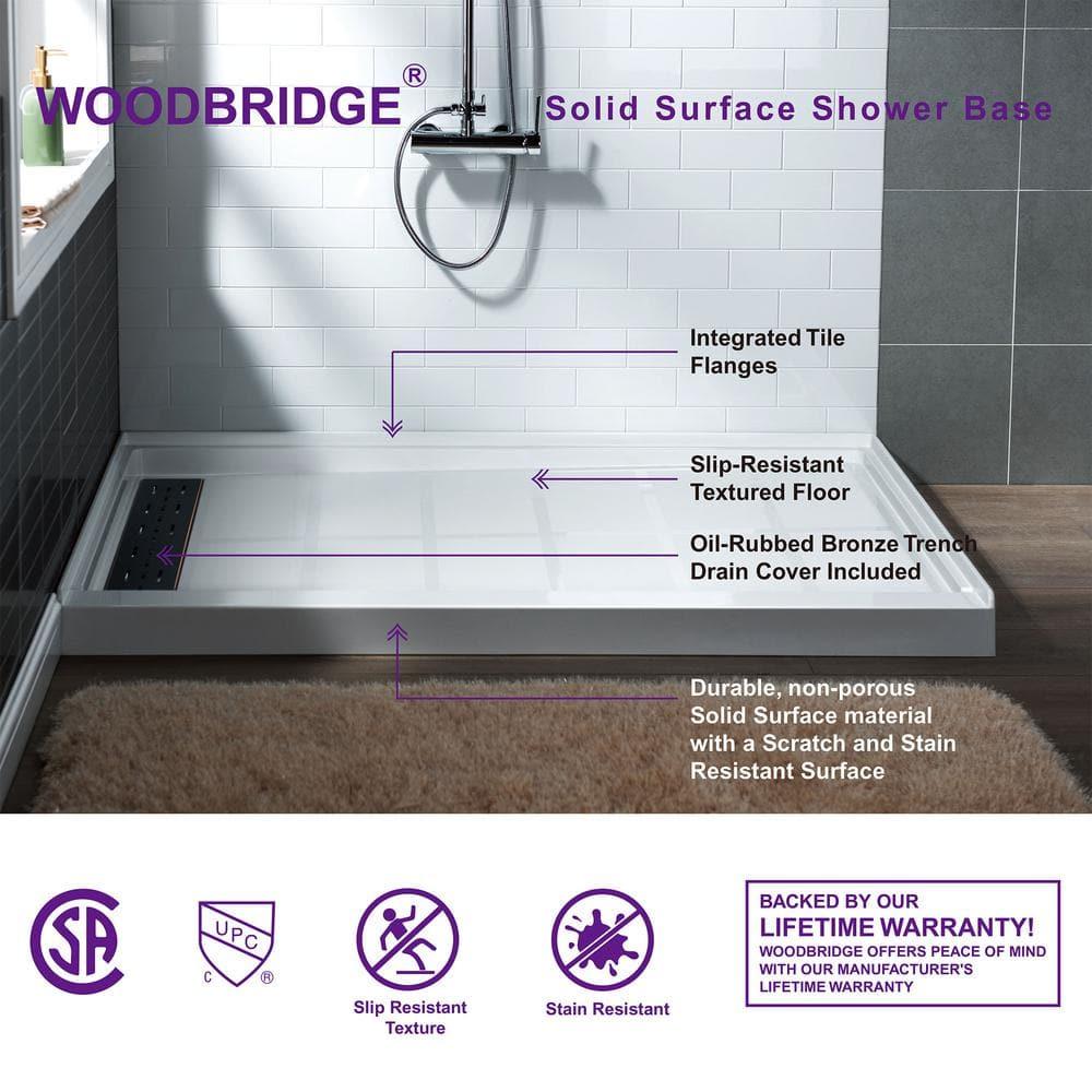 60" x 36" Solid Surface Single Threshold Shower Pan Base with Drain Assembly & Drain Cover Included, Non-Slip