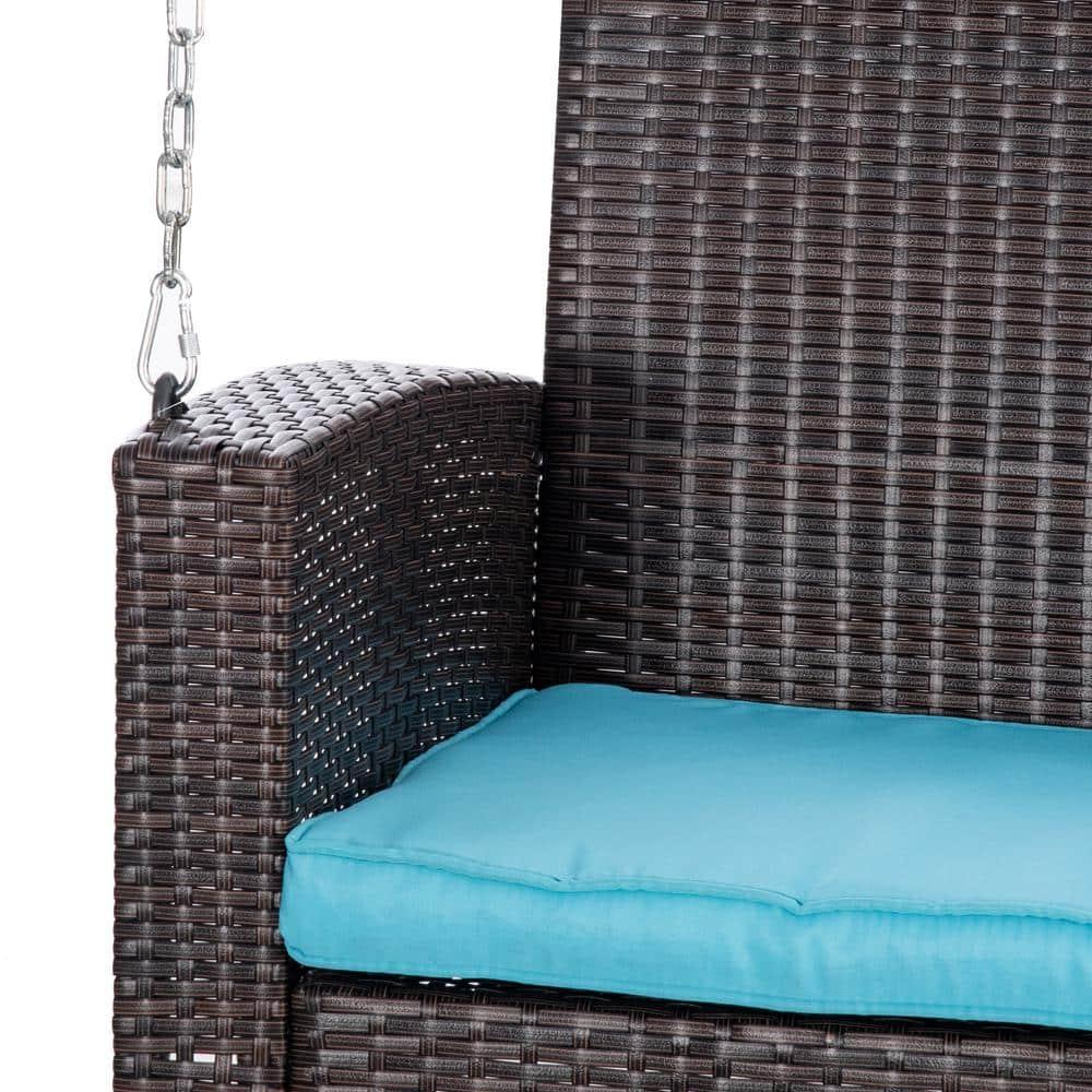 Outsunny 2-Person Wicker Hanging Porch Swing Bench, Front Porch Swing Outdoor Chair, Cushions 550lbs Weight Capacity for Backyard, Garden, Sky Blue