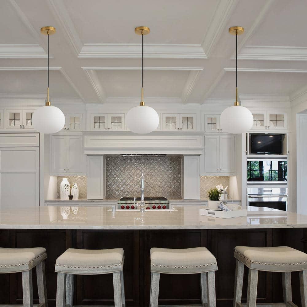 Modern Gold Kitchen Island Chandelier, Milky White Globe Shade Farmhouse Industrial Pendant Light Fixture