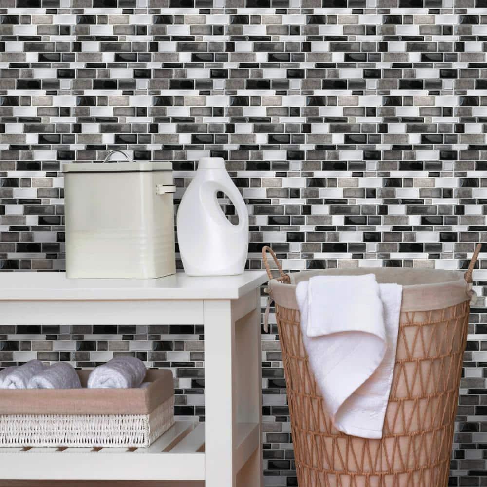 Main Street 10.5" x 10.5" Silver & Black Mosaic Vinyl Peel and Stick Tiles (4-Pack). Removable Tiles for Walls or Backsplash