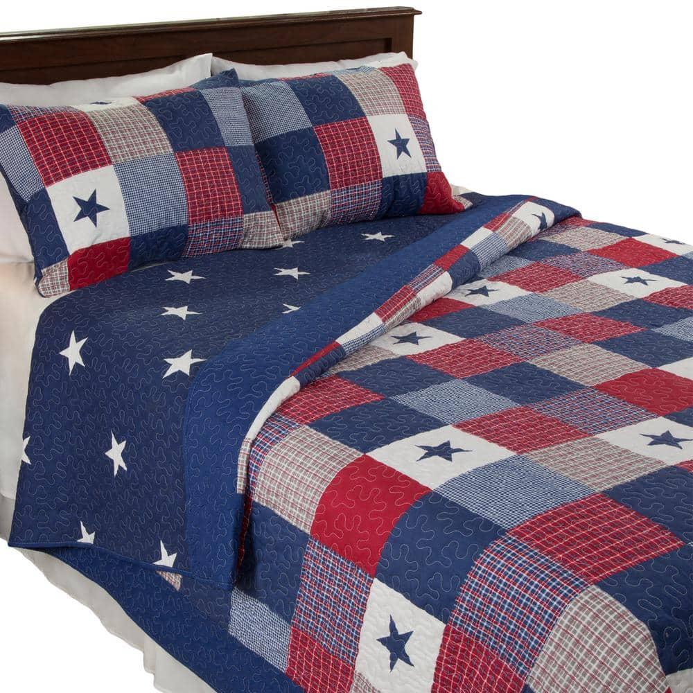 Lavish Home Caroline Quilt Set - Microfiber Americana Stars and Plaid Patchwork Bedding with 2 Pillow Shams
