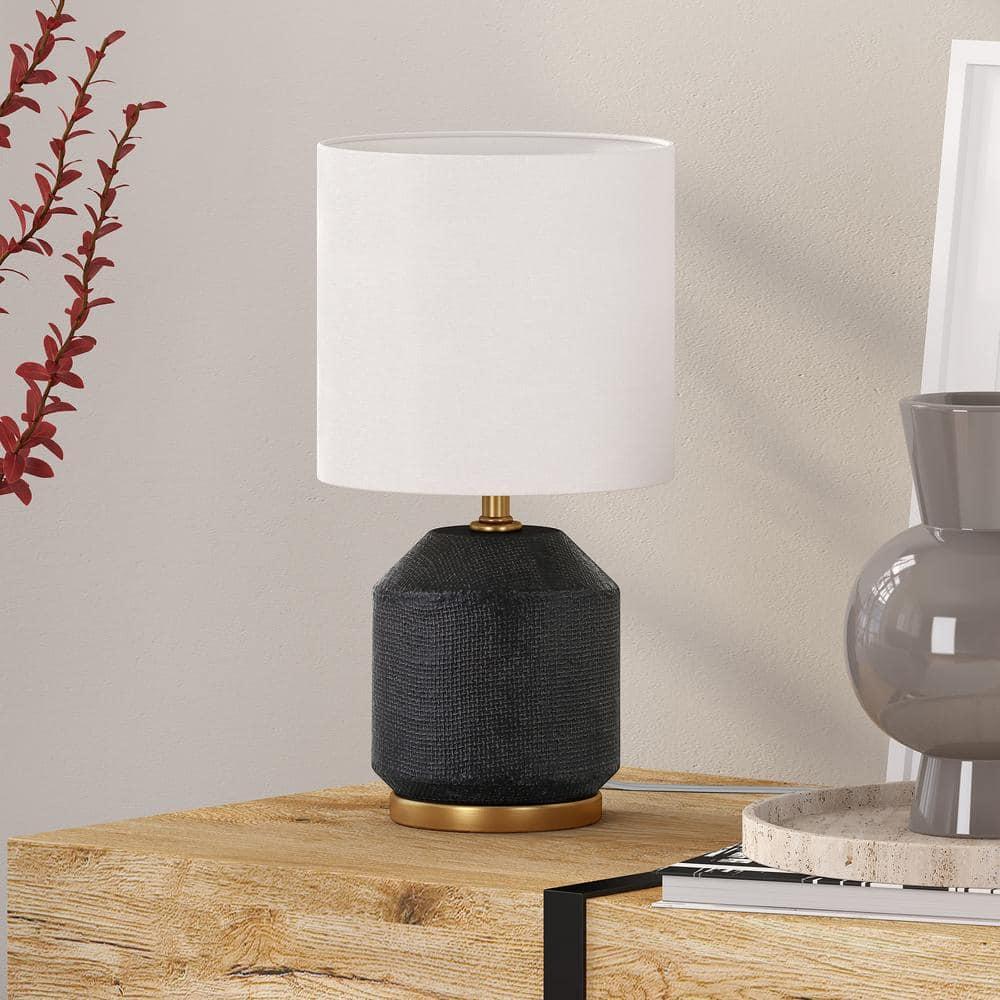 Evelyn&Zoe Esther 15" Tall Textured Ceramic Mini Lamp with Fabric Shade, Matte Black/Antique Brass/White