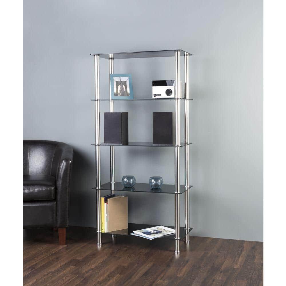 S25-A Tall Five Tier Shelving Unit with Black Glass and Chrome