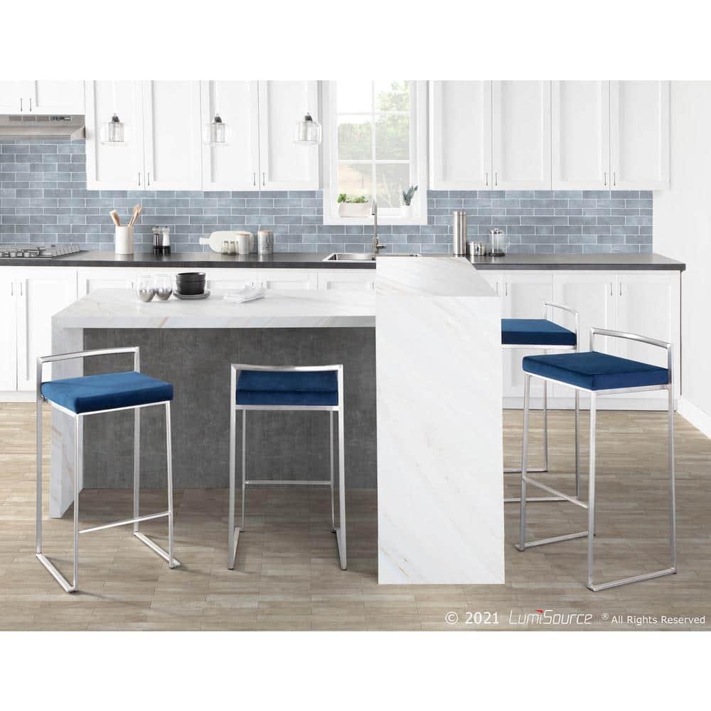 Set of 2 30" Fuji Contemporary Stackable Barstools Stainless Steel Blue Velvet - LumiSource: Kitchen, Low Back