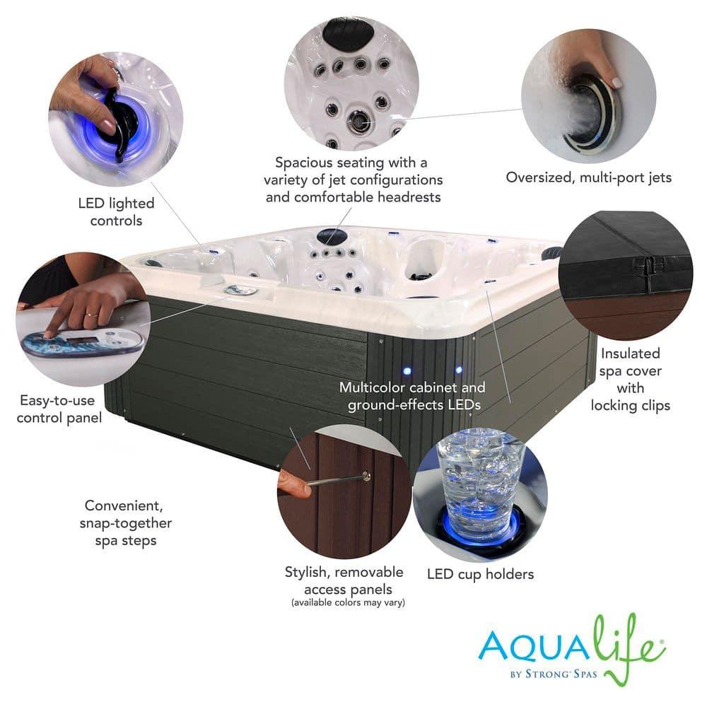 Aqualife® by Strong Spas® Grand Banks 6-Person 81-Jet Non-Lounger Hot Tub Spa with 3 Pumps, LED Lighting, Stainless Steel Heater and Ozonator, Insulated Cover Included and Steps Included