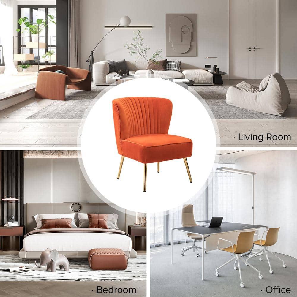 Velvet Accent Side Chair Set of 2 Transitional Armless Gold Leg Vanity Living Room Adult Orange