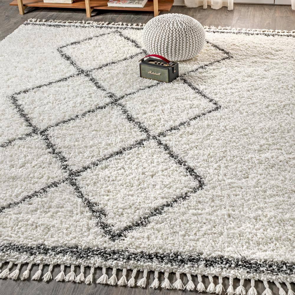 5'x8' Mercer Shag Plush Tassel Moroccan Geometric Trellis Area Rug, Cream/Grey - JONATHAN Y