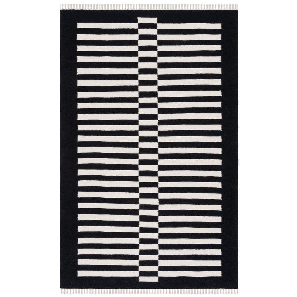 Striped Kilim STK805 Flat Weave Accent Rug - Black/Ivory - 3'x5'- Safavieh