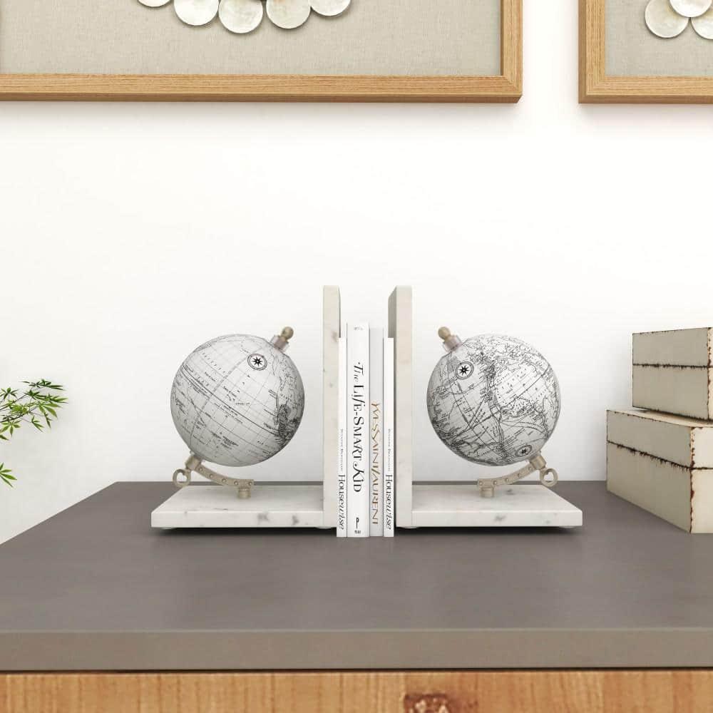 Deco 79 Marble Globe Decorative Bookends Non Skid Bookends with Silver Metal Accents, Set of 2 Office Bookends5"W, 7"H, White
