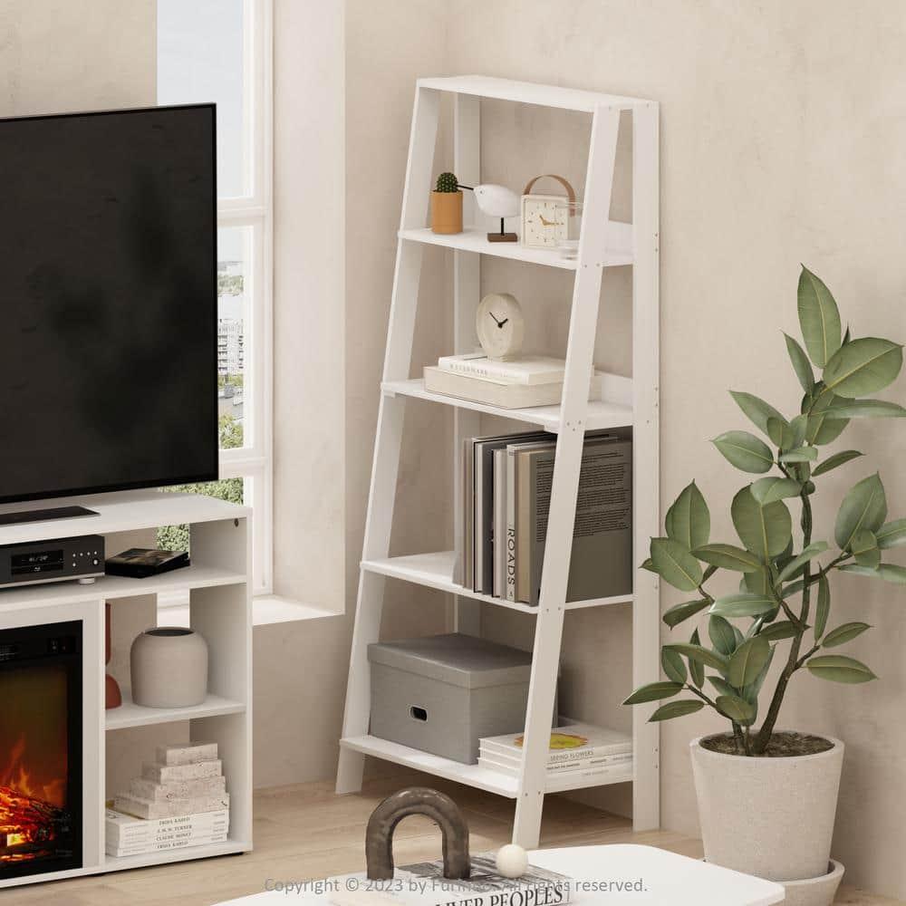 Furinno Ladder Bookcase Display Shelf, 5-Tier, White