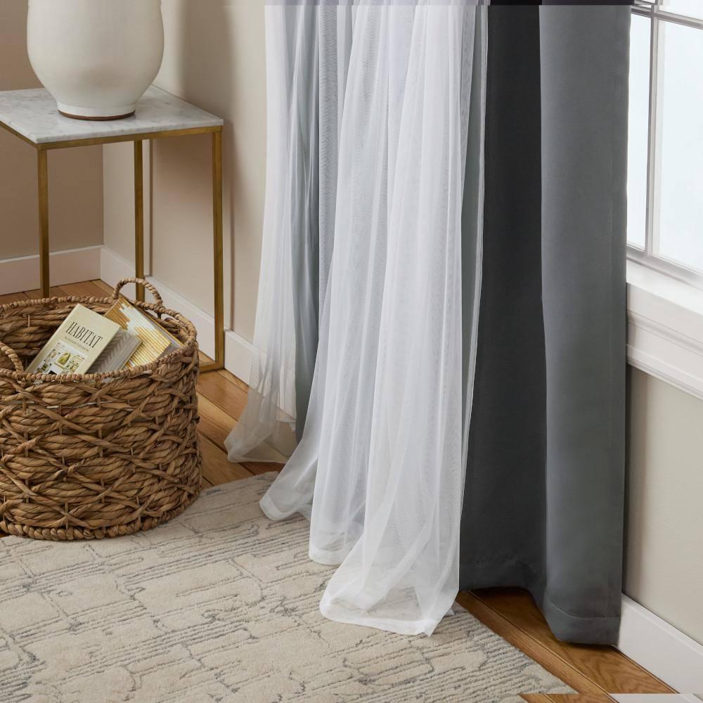 Set of 2 (108"x52") Caterina Layered Solid Blackout with sheer top Curtain Panels Black Pearl - Exclusive Home