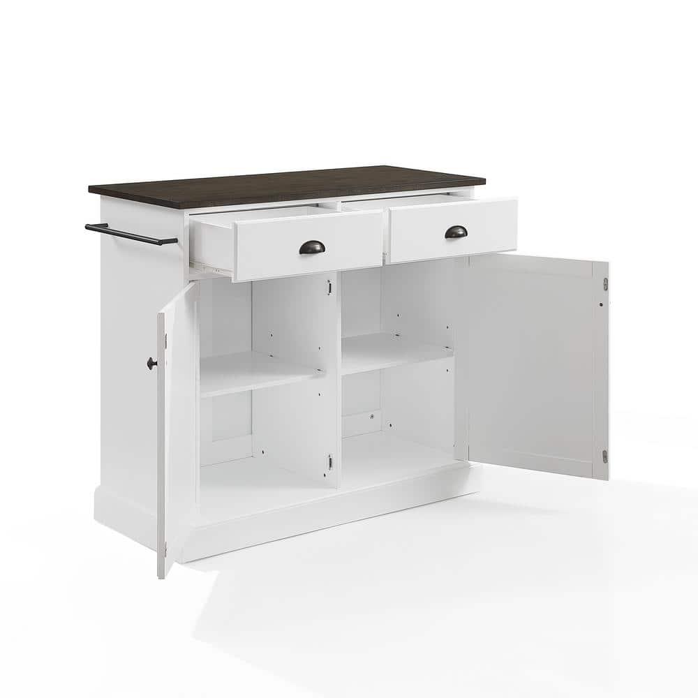 Crosley Shoreline Kitchen Island White/Dark Brown: Adjustable Shelves, Towel Bar, MDF & Veneer Storage Cart