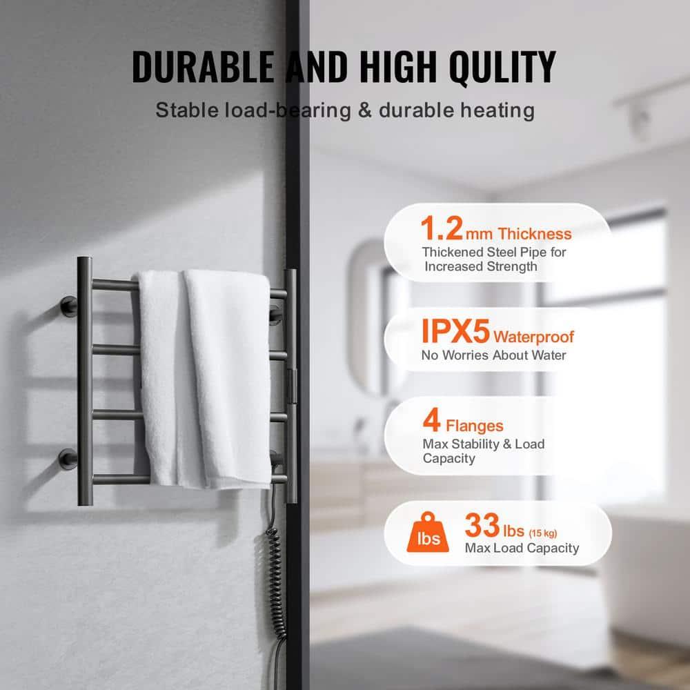 VEVOR 4 Bars Towel Warmer Rack, Wall Mounted Heated Towel Rack for Bathroom, IPX5 Waterpoof Towel Heater Rack with Timer & Display Screen, Black