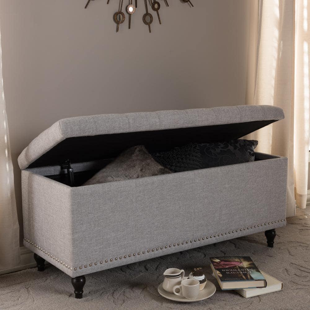 Baxton Studio Kaylee Modern Classic Fabric Upholstered Button - Tufting Storage Ottoman Bench - Grayish Beige: End of Bed, Rectangular Shape
