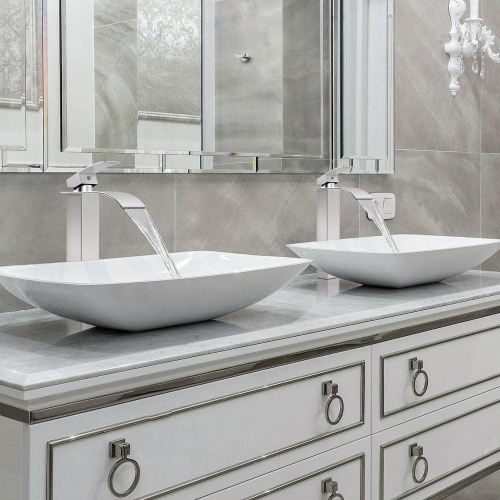 Qomolangma Vessel Sinks Waterfall Bathroom Sink Faucet, Tall Single Handle Bathroom Sink Faucets, Brushed Nickel Bathroom Faucet Suitable for 1 Hole, Staniless Steel Rv Lavatory Vanity Faucet