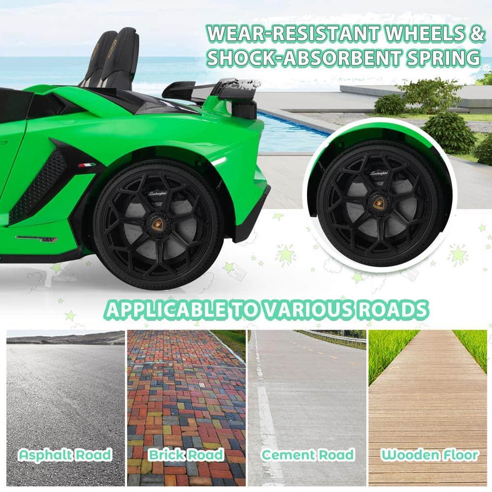 Tobbi 24V Lamborghini 2-seater Battery Powered Ride on with High/Low speed switch, Slow start function, Battery level display, MP3, USB, Light Drift Car for Kids 3-8