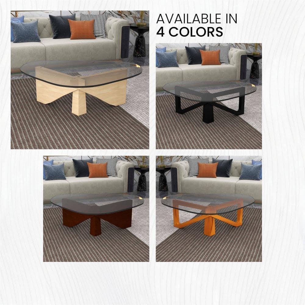 LeisureMod Imperial Collection Triangular Glass Top Coffee Table with Glossy Ash Wood Base for Home, Living Room, Office