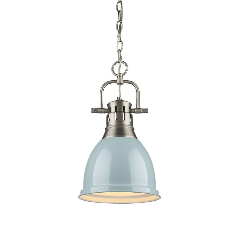 Golden Lighting Duncan 1-Light Small Pendant with Chain in Pewter with Seafoam