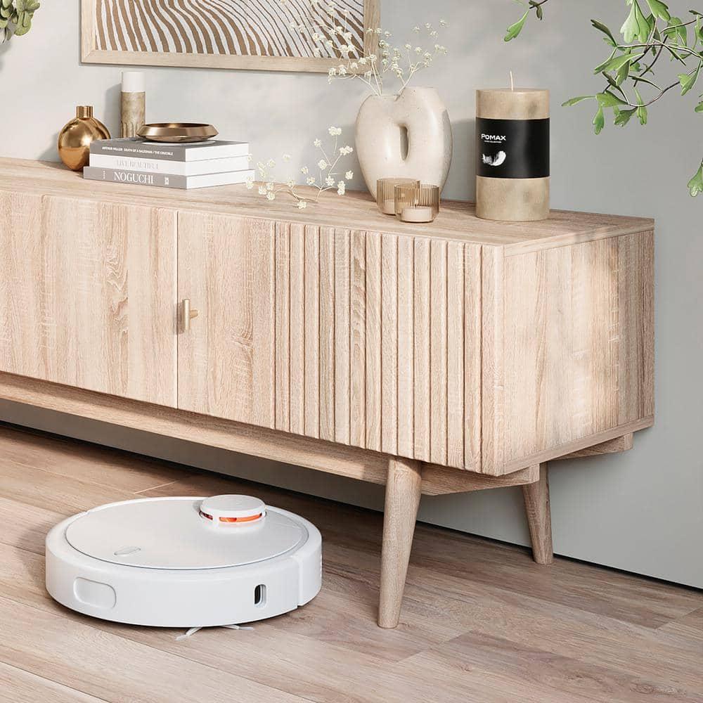 Living Skog  Chelsea Brown TV Stand Fits for TV's up to 65 in. with Slatted Design and Wood Legs Beige Matte Laminate, MDF
