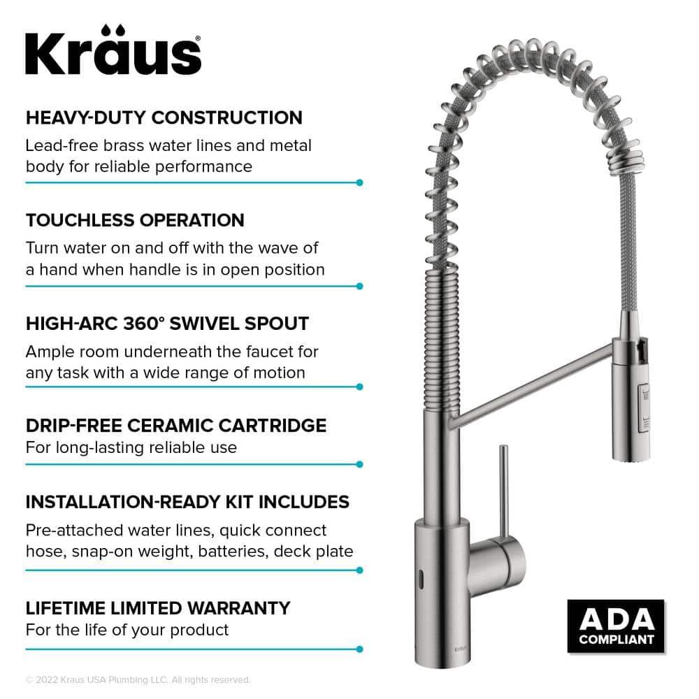 KRAUS Oletto Touchless Sensor Commercial Pull-Down Single Handle Kitchen Faucet with QuickDock Top Mount Assembly