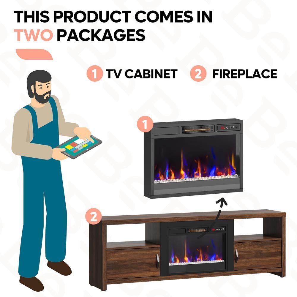 Walnut Electric Fireplace TV Stand with Cabinets for 75" TVs