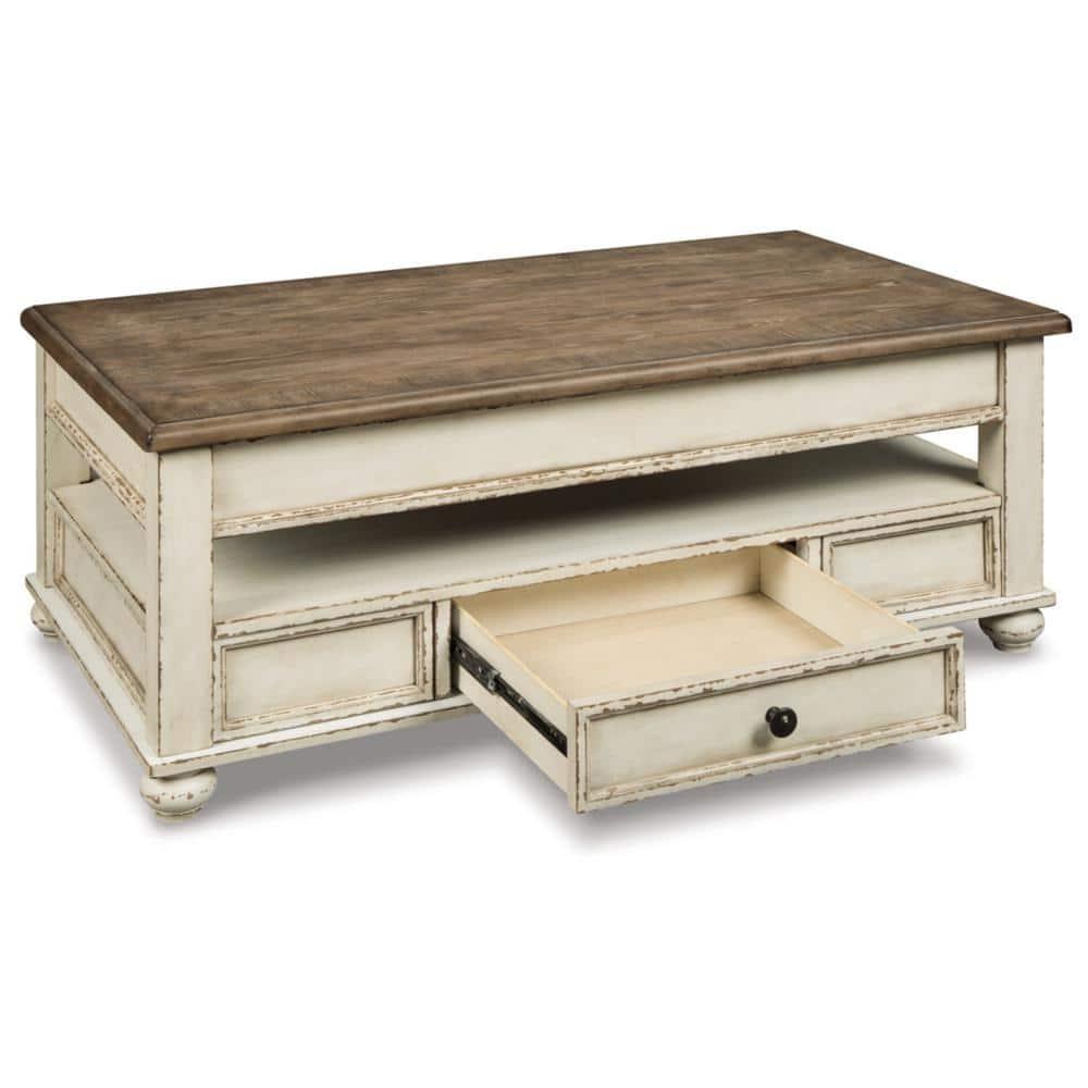 Realyn Coffee Table with Lift Top White/Brown - Signature Design by Ashley: Mid-Century Style, Storage, Wood Legs