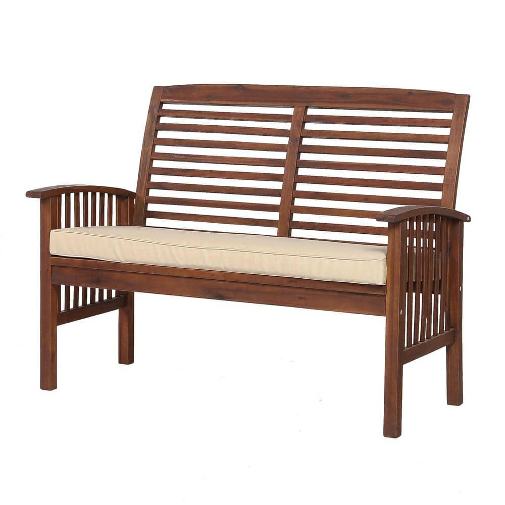 Walker Edison Rendezvous Modern Solid Acacia Wood Patio Loveseat with Cushions, 47 Inch, Dark Brown
