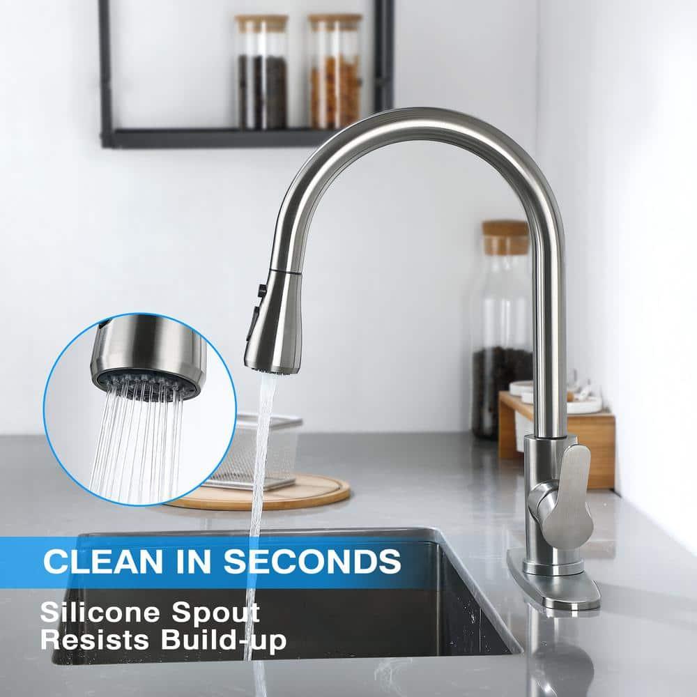 maiguoone ATKW-4047-173 Stainless Steel Single-Handle Pull-Down Sprayer Kitchen Faucet with Soap Dispenser in Brushed Nickel