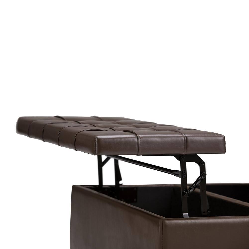 Simpli Home Harrison 36"W Upholstered Square Coffee Table Storage Ottoman with Split Lift Top