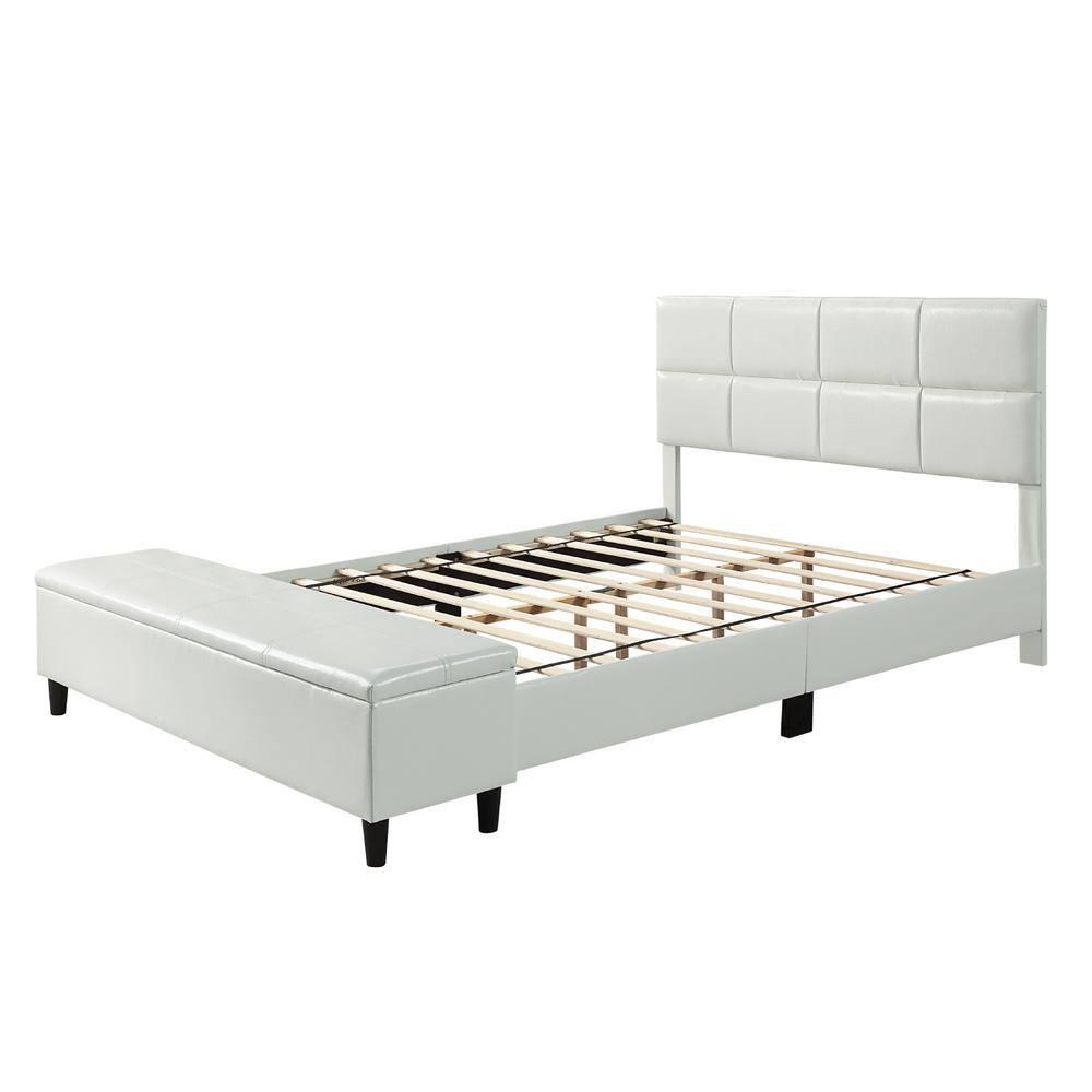 Full Kerwin Flannelette Bed with Bench Storage White - HOMES: Inside + Out: Upholstered Platform, No Box Spring Required