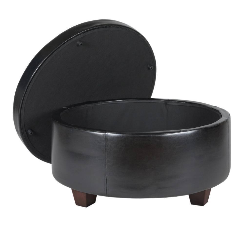 Leatherette Single Button Tufted Round Ottoman with Wooden Feet, Large, Black and Brown