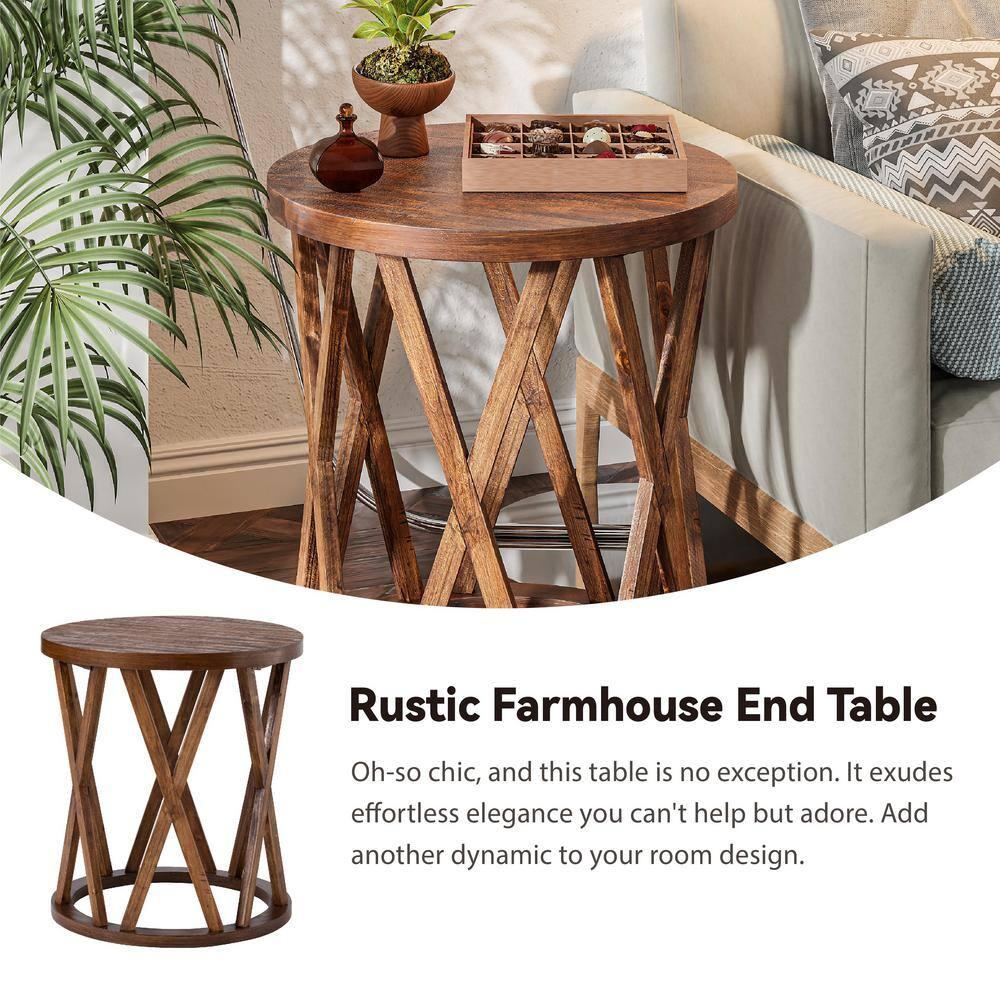 Rustic Brown Round Wood End Table with X-Motif Legs