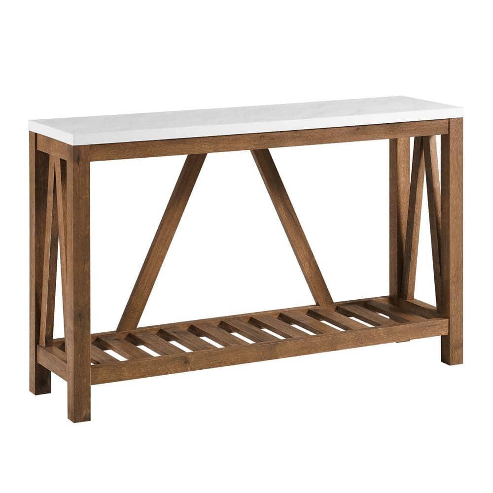 Walker Edison Modern Farmhouse Faux Marble and Walnut Entryway Table, Faux White Marble/Walnut