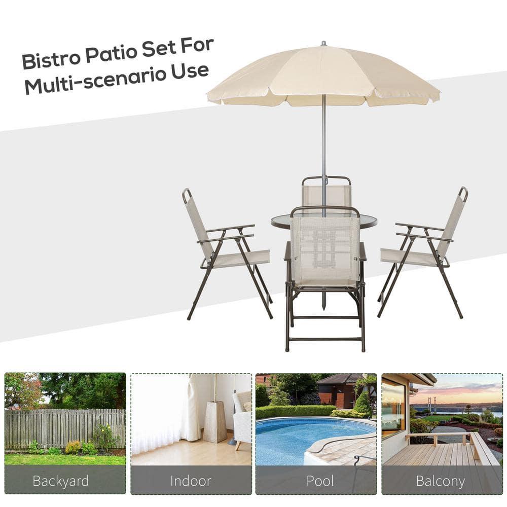 Outsunny 6 Piece Patio Dining Set for 4 with Umbrella, 4 Folding Dining Chairs & Round Glass Table for Garden, Backyard, and Poolside, Beige