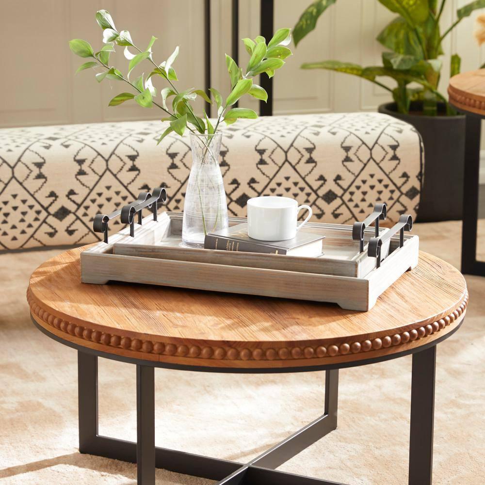DecMode 20", 17"W Beige Wood  Tray with Metal Handles, 2-Pieces